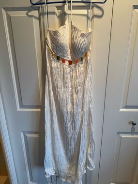 Anne Cole White Halter Maxi Coverup with Multicolor Bead Trim